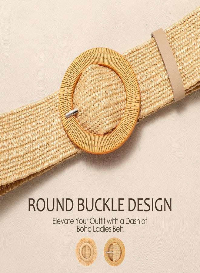 VONMELLI Straw Woven Stretchy Belt for Women Dresses, Wide Boho Elastic Brown Belts Braided Raffia Waist Belt, M - Image 2